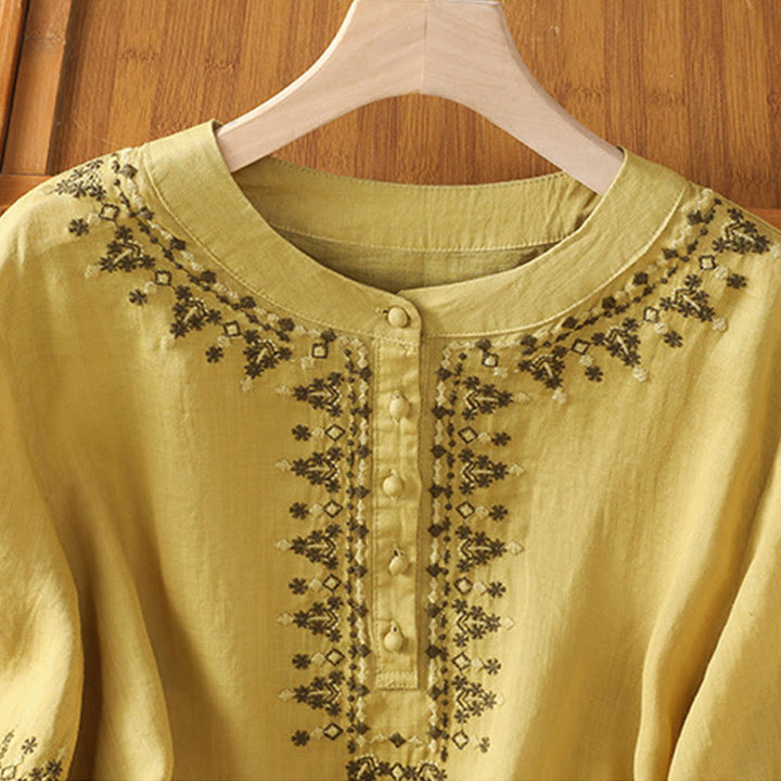 Koszula damska z okrągłym dekoltem i symetrycznym haftem z motywem Buddha Stones z bawełny - image 20