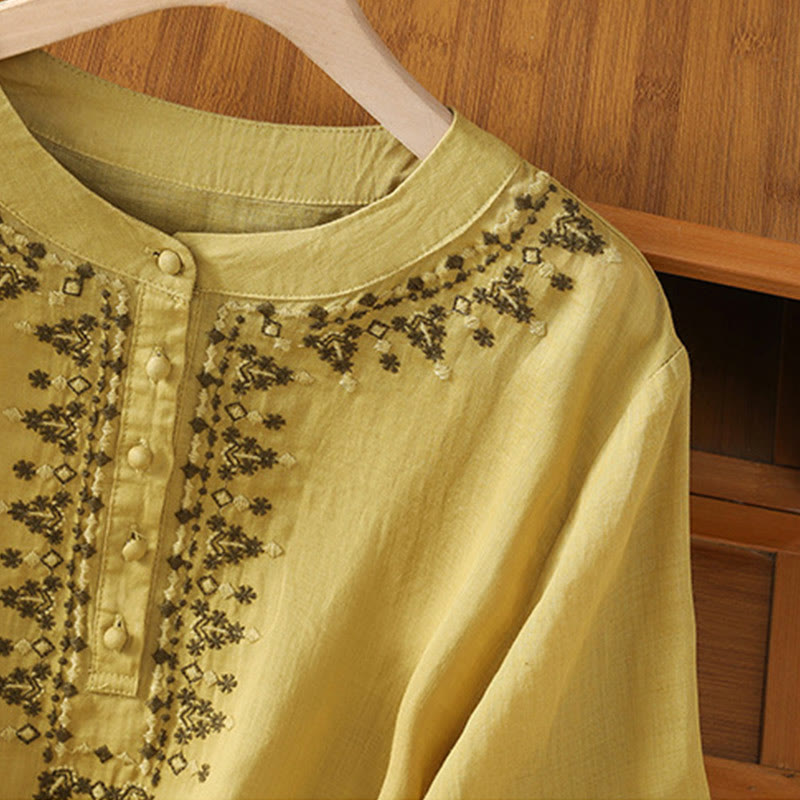 Koszula damska z okrągłym dekoltem i symetrycznym haftem z motywem Buddha Stones z bawełny - image 22