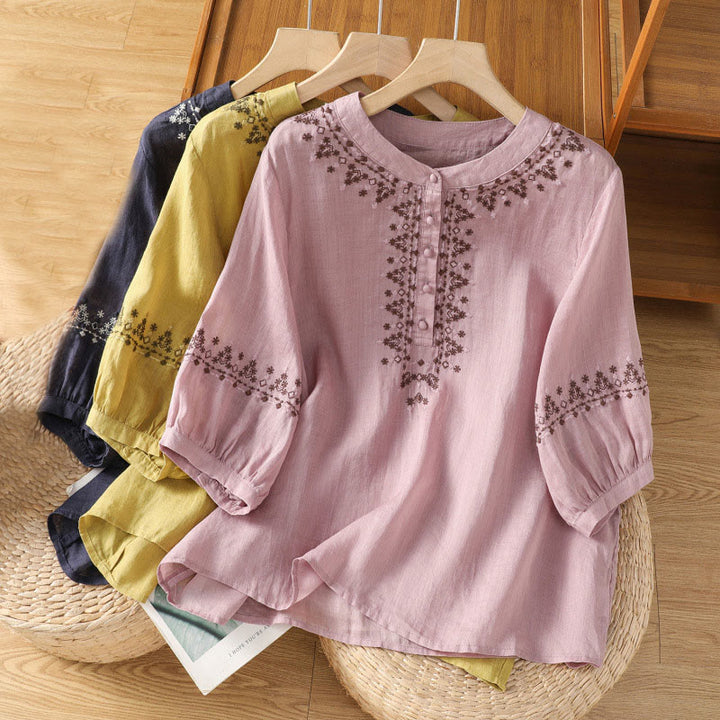 Koszula damska z okrągłym dekoltem i symetrycznym haftem z motywem Buddha Stones z bawełny - image 23