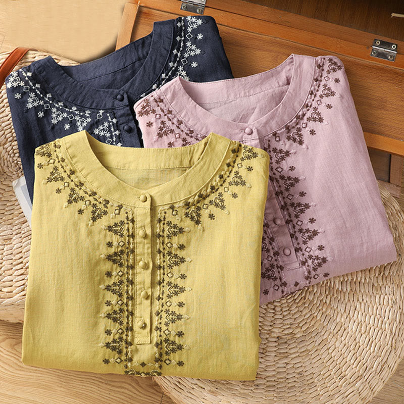 Koszula damska z okrągłym dekoltem i symetrycznym haftem z motywem Buddha Stones z bawełny - image 24