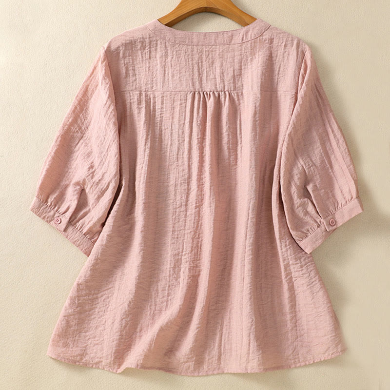 Koszula damska z dekoltem w serek, haftowanymi kwiatami i liśćmi z Buddha Stones - image 2