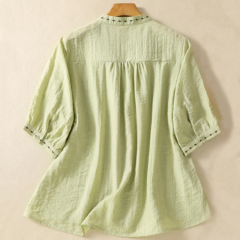 Koszula damska z okrągłym dekoltem i bawełnianym guzikiem z haftowanymi Buddha Stones - image 2