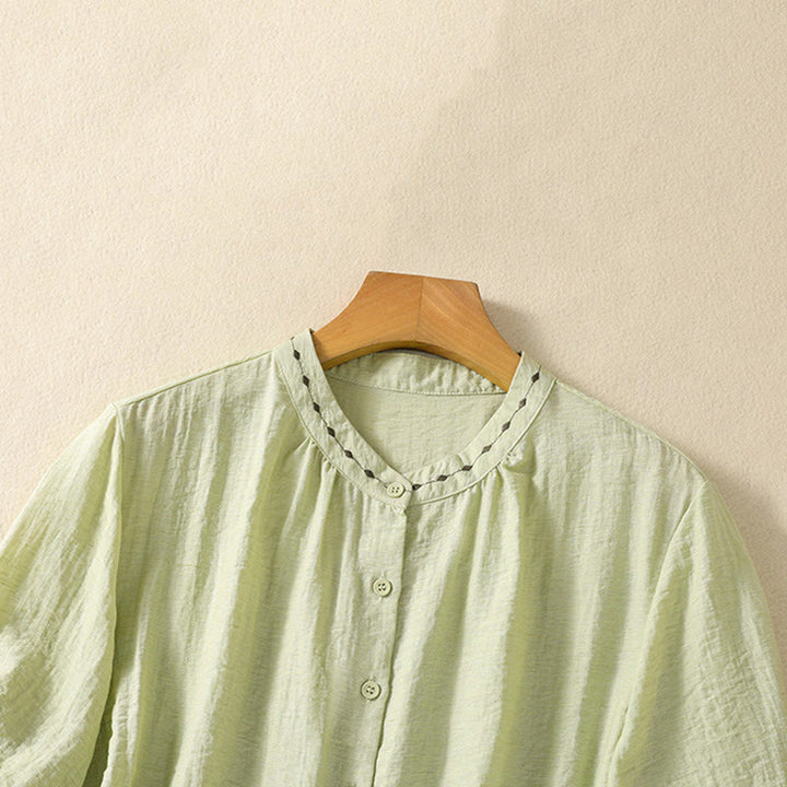 Koszula damska z okrągłym dekoltem i bawełnianym guzikiem z haftowanymi Buddha Stones - image 3