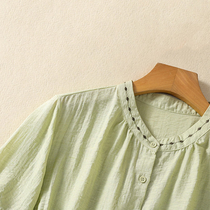 Koszula damska z okrągłym dekoltem i bawełnianym guzikiem z haftowanymi Buddha Stones - image 5