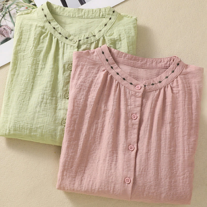 Koszula damska z okrągłym dekoltem i bawełnianym guzikiem z haftowanymi Buddha Stones - image 21