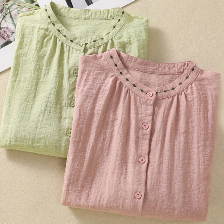 Koszula damska z okrągłym dekoltem i bawełnianym guzikiem z haftowanymi Buddha Stones - image 21