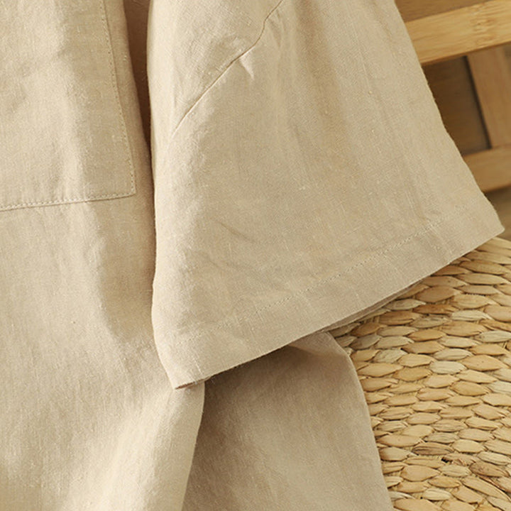 Koszulka damska z bawełny i lnu z dekoltem w serek i kieszenią "Buddha Stones" w swobodnym, gładkim stylu - image 3