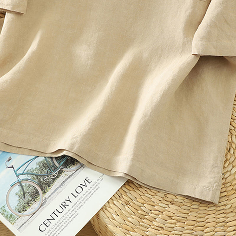 Koszulka damska z bawełny i lnu z dekoltem w serek i kieszenią "Buddha Stones" w swobodnym, gładkim stylu - image 4