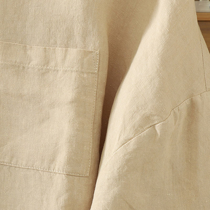 Koszulka damska z bawełny i lnu z dekoltem w serek i kieszenią "Buddha Stones" w swobodnym, gładkim stylu - image 5