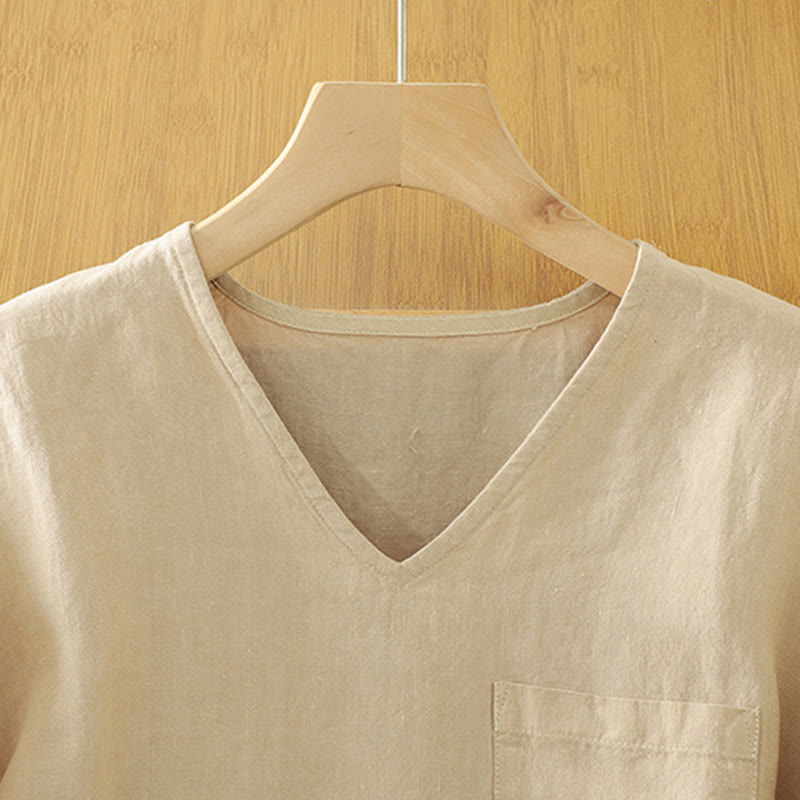 Koszulka damska z bawełny i lnu z dekoltem w serek i kieszenią "Buddha Stones" w swobodnym, gładkim stylu - image 2