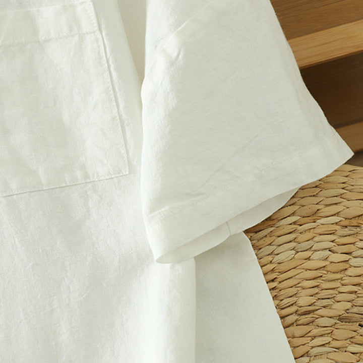 Koszulka damska z bawełny i lnu z dekoltem w serek i kieszenią "Buddha Stones" w swobodnym, gładkim stylu - image 12