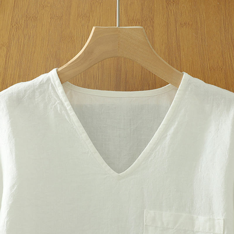 Koszulka damska z bawełny i lnu z dekoltem w serek i kieszenią "Buddha Stones" w swobodnym, gładkim stylu - image 8