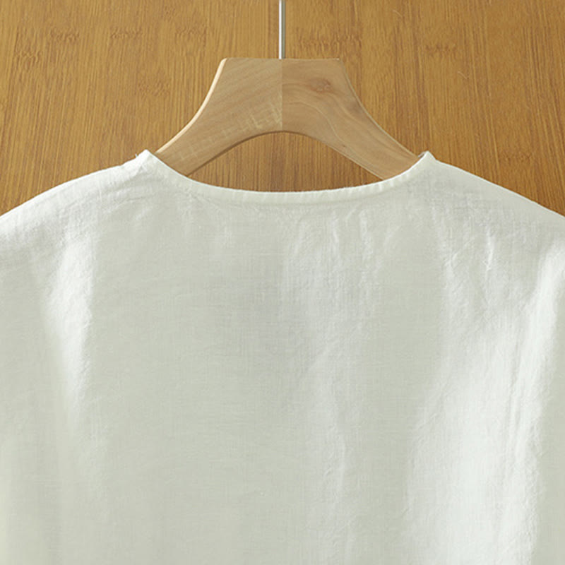 Koszulka damska z bawełny i lnu z dekoltem w serek i kieszenią "Buddha Stones" w swobodnym, gładkim stylu - image 9