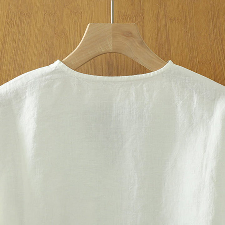 Koszulka damska z bawełny i lnu z dekoltem w serek i kieszenią "Buddha Stones" w swobodnym, gładkim stylu - image 9