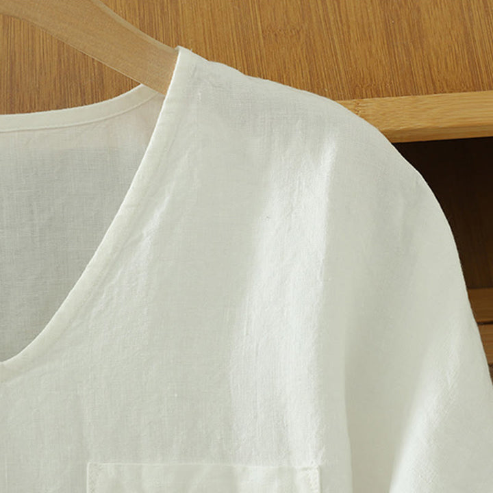 Koszulka damska z bawełny i lnu z dekoltem w serek i kieszenią "Buddha Stones" w swobodnym, gładkim stylu - image 14