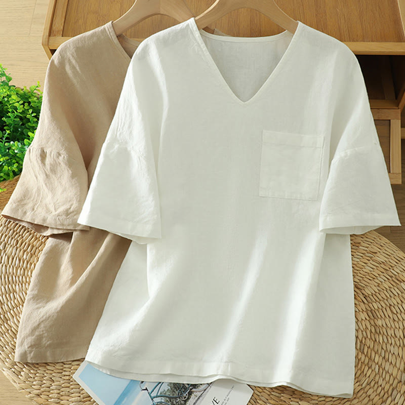 Koszulka damska z bawełny i lnu z dekoltem w serek i kieszenią "Buddha Stones" w swobodnym, gładkim stylu - image 15