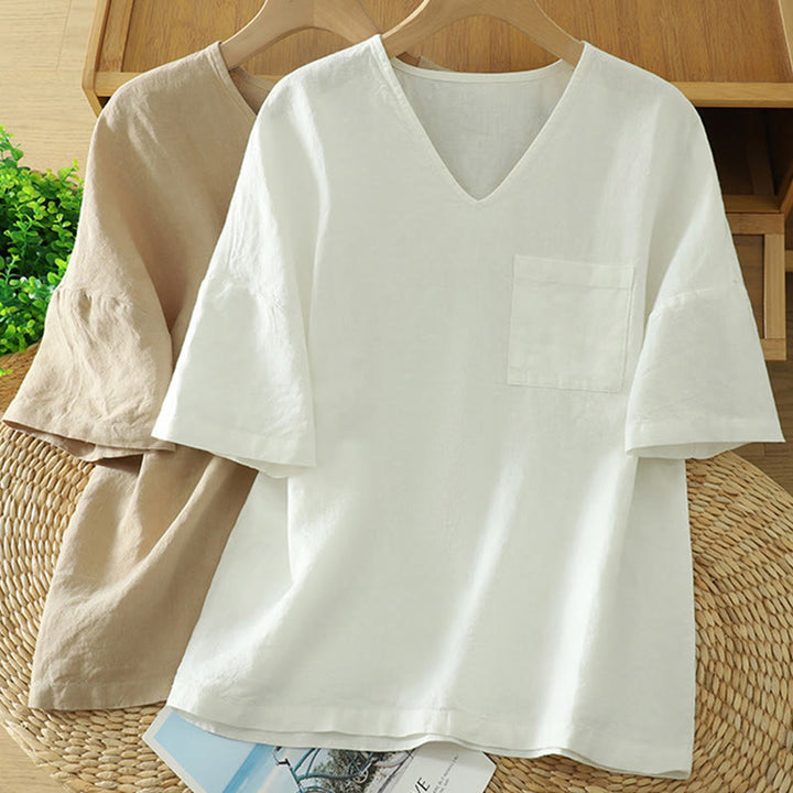 Koszulka damska z bawełny i lnu z dekoltem w serek i kieszenią "Buddha Stones" w swobodnym, gładkim stylu - image 15