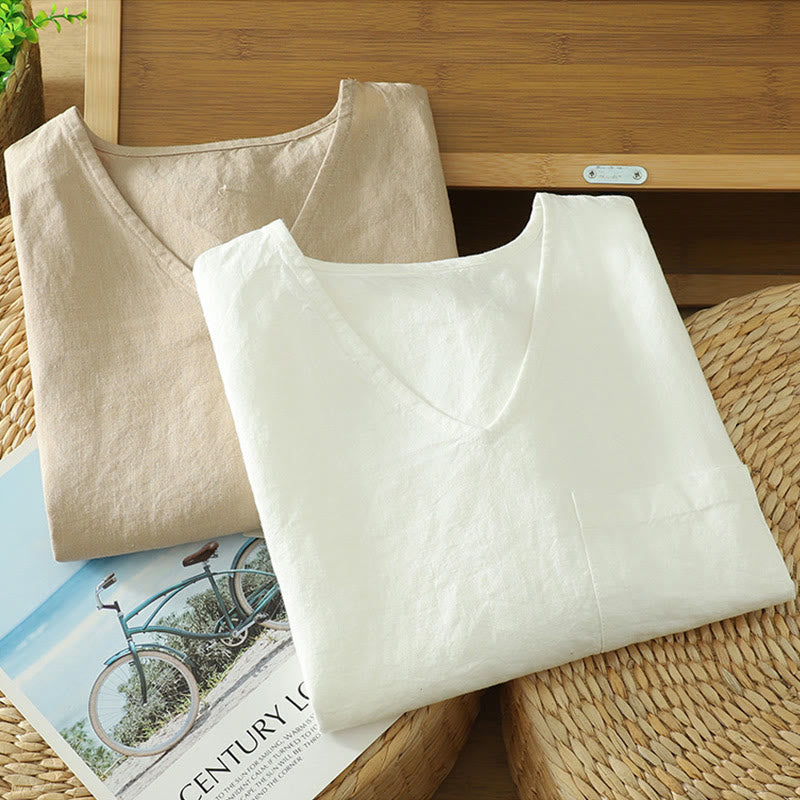 Koszulka damska z bawełny i lnu z dekoltem w serek i kieszenią "Buddha Stones" w swobodnym, gładkim stylu - image 17