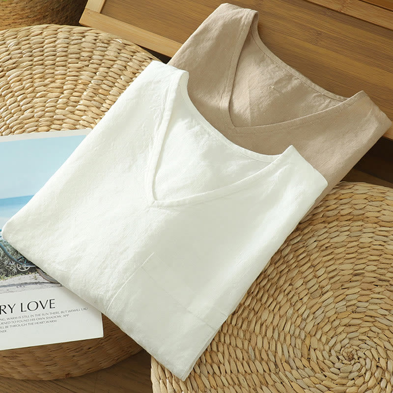 Koszulka damska z bawełny i lnu z dekoltem w serek i kieszenią "Buddha Stones" w swobodnym, gładkim stylu - image 16