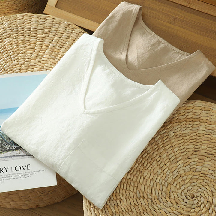 Koszulka damska z bawełny i lnu z dekoltem w serek i kieszenią "Buddha Stones" w swobodnym, gładkim stylu - image 16