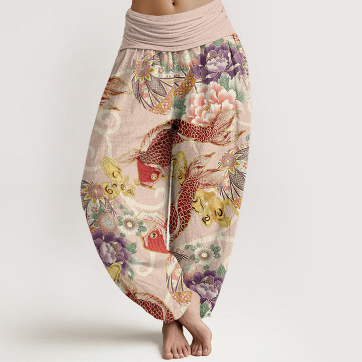 Damskie spodnie haremowe z elastyczną talią i wzorem w kwiaty z motywem koi i Buddha Stones - Różowy - US22, UK/AU26, EU54 (6XL) - image 1