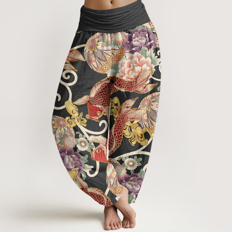 Damskie spodnie haremowe z elastyczną talią i wzorem w kwiaty z motywem koi i Buddha Stones - Czarny - US22, UK/AU26, EU54 (6XL) - image 5