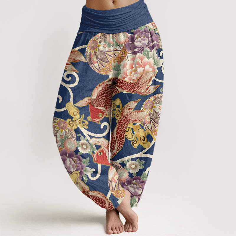 Damskie spodnie haremowe z elastyczną talią i wzorem w kwiaty z motywem koi i Buddha Stones - Stalowoniebieski - US22, UK/AU26, EU54 (6XL) - image 8