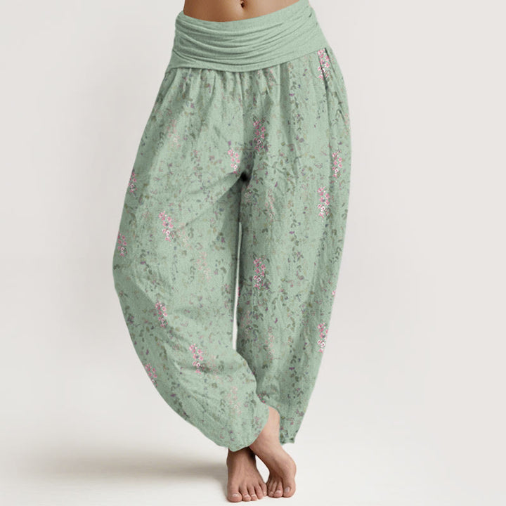 Damskie spodnie haremowe z elastyczną talią i wzorem w drobne kwiaty z motywem Buddha Stones - ŚredniaAkwamaryna - US22, UK/AU26, EU54 (6XL) - image 1