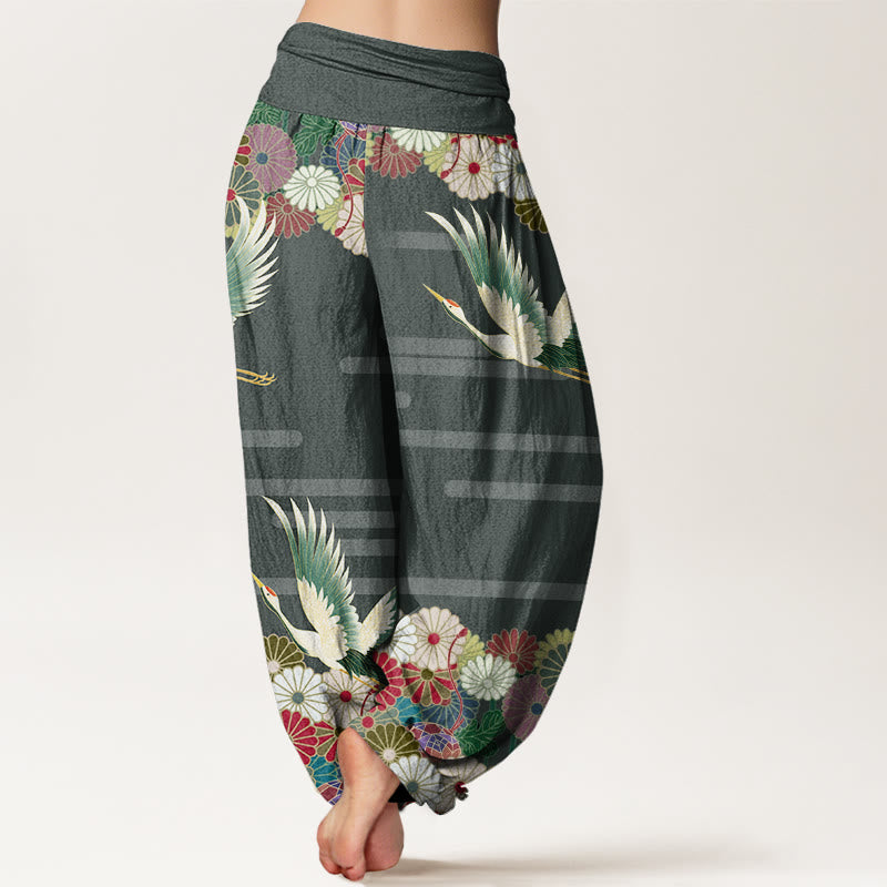 Buddha Stones haremowe damskie z elastyczną talią i bawełnianą podszewką w kwiaty i wzór żurawia i chryzantemy - image 6