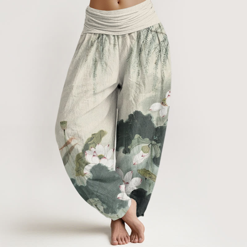Spodnie haremowe damskie z elastyczną talią i wzorem w kwiaty lotosu w stylu Buddha Stones - DarkSeaGreen - US22, UK/AU26, EU54 (6XL) - image 1