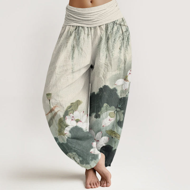 Spodnie haremowe damskie z elastyczną talią i wzorem w kwiaty lotosu w stylu Buddha Stones - DarkSeaGreen - US22, UK/AU26, EU54 (6XL) - image 1