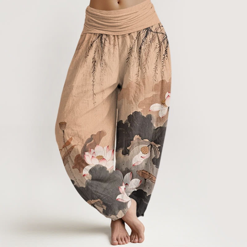 Spodnie haremowe damskie z elastyczną talią i wzorem w kwiaty lotosu w stylu Buddha Stones - PeachPuff - US22, UK/AU26, EU54 (6XL) - image 5