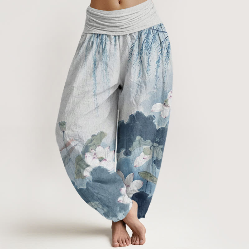 Spodnie haremowe damskie z elastyczną talią i wzorem w kwiaty lotosu w stylu Buddha Stones - SkyBlue - US22, UK/AU26, EU54 (6XL) - image 8