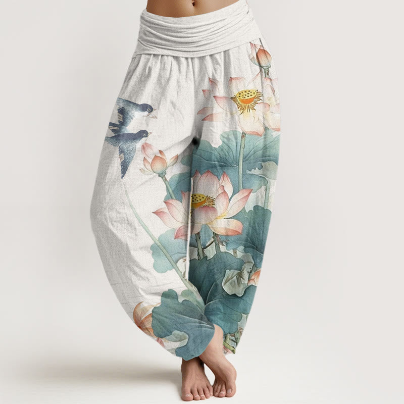Damskie spodnie haremowe z elastyczną talią i wzorem "Buddha Stones" na lato i staw lotosu - Śnieg - US22, UK/AU26, EU54 (6XL) - image 1