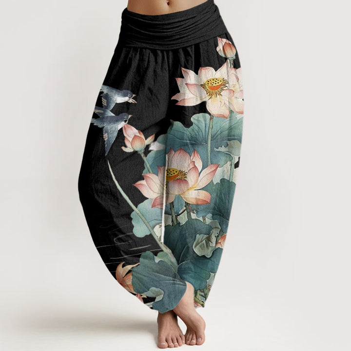 Damskie spodnie haremowe z elastyczną talią i wzorem "Buddha Stones" na lato i staw lotosu - Czarny - US22, UK/AU26, EU54 (6XL) - image 5