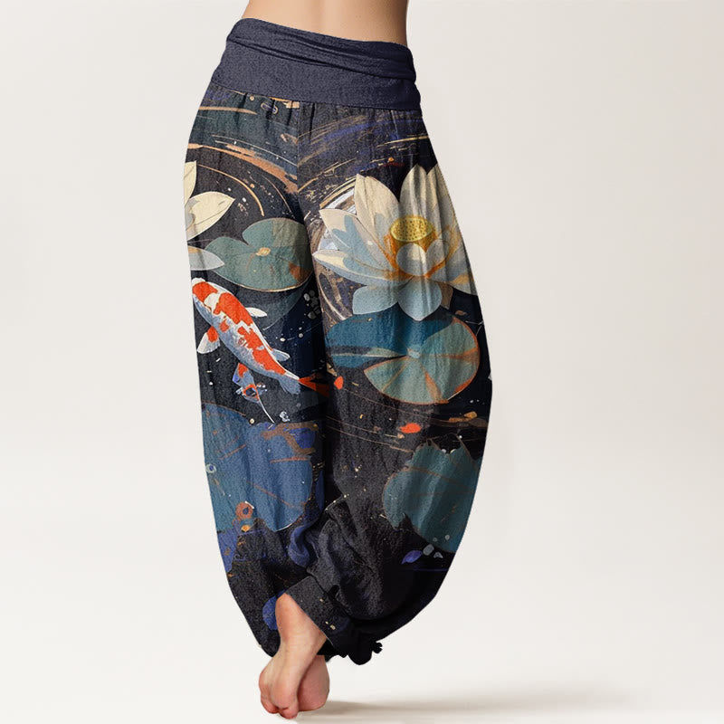 Spodnie haremowe damskie z elastyczną talią i wzorem w kwiaty "Buddha Stones" w stylu casual, letni, z motywem lotosu i rybki koi - image 3