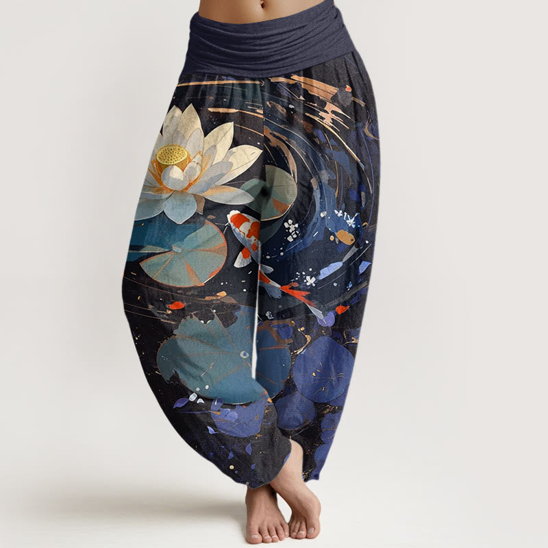Spodnie haremowe damskie z elastyczną talią i wzorem w kwiaty "Buddha Stones" w stylu casual, letni, z motywem lotosu i rybki koi - Ciemnoniebieski - US22, UK/AU26, EU54 (6XL) - image 1