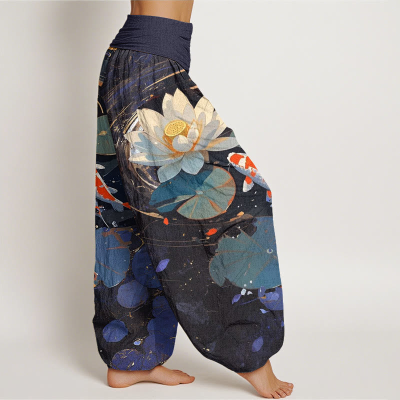 Spodnie haremowe damskie z elastyczną talią i wzorem w kwiaty "Buddha Stones" w stylu casual, letni, z motywem lotosu i rybki koi - image 2
