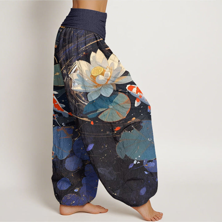 Spodnie haremowe damskie z elastyczną talią i wzorem w kwiaty "Buddha Stones" w stylu casual, letni, z motywem lotosu i rybki koi - image 2