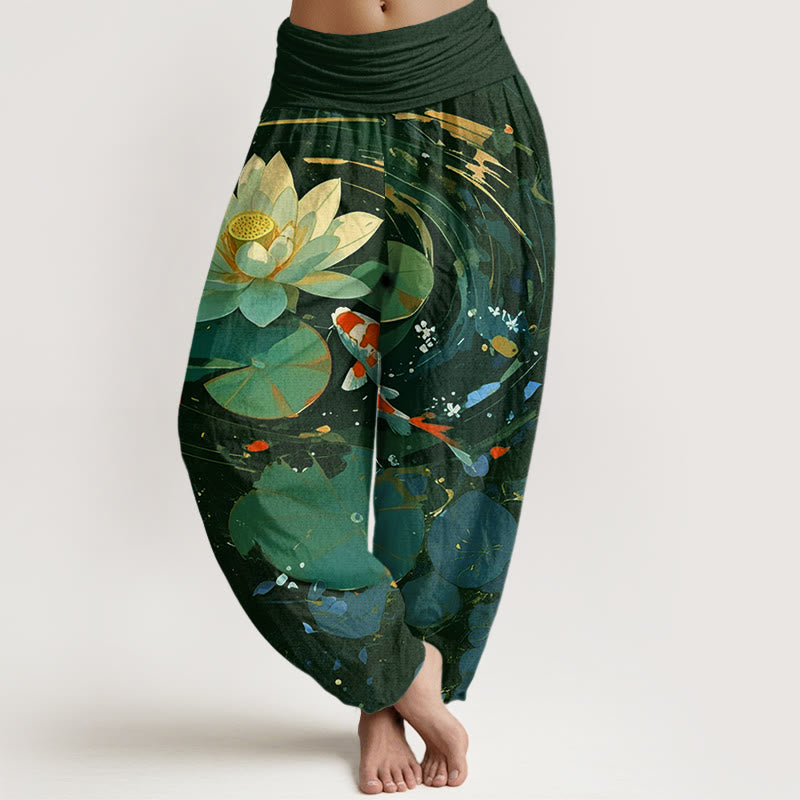 Spodnie haremowe damskie z elastyczną talią i wzorem w kwiaty "Buddha Stones" w stylu casual, letni, z motywem lotosu i rybki koi - Ciemnozielony - US22, UK/AU26, EU54 (6XL) - image 5