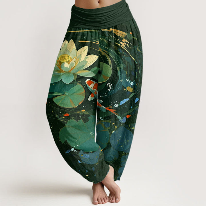 Spodnie haremowe damskie z elastyczną talią i wzorem w kwiaty "Buddha Stones" w stylu casual, letni, z motywem lotosu i rybki koi - Ciemnozielony - US22, UK/AU26, EU54 (6XL) - image 5