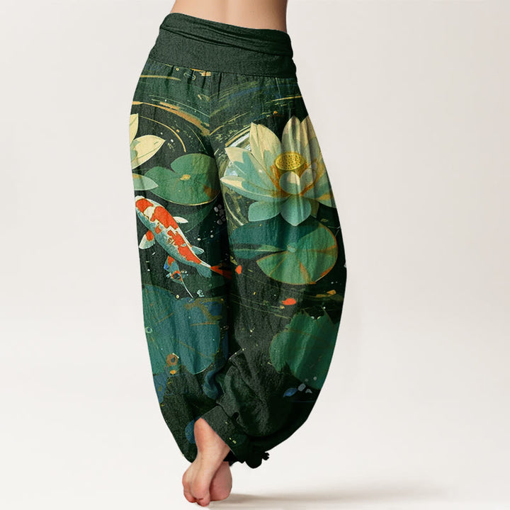 Spodnie haremowe damskie z elastyczną talią i wzorem w kwiaty "Buddha Stones" w stylu casual, letni, z motywem lotosu i rybki koi - image 7