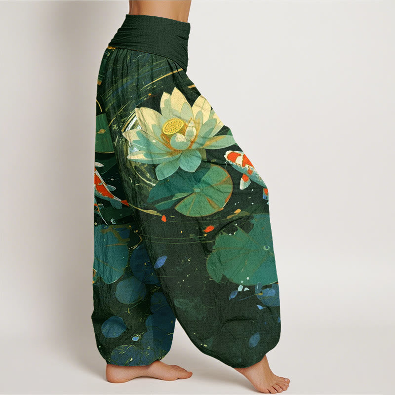 Spodnie haremowe damskie z elastyczną talią i wzorem w kwiaty "Buddha Stones" w stylu casual, letni, z motywem lotosu i rybki koi - image 6