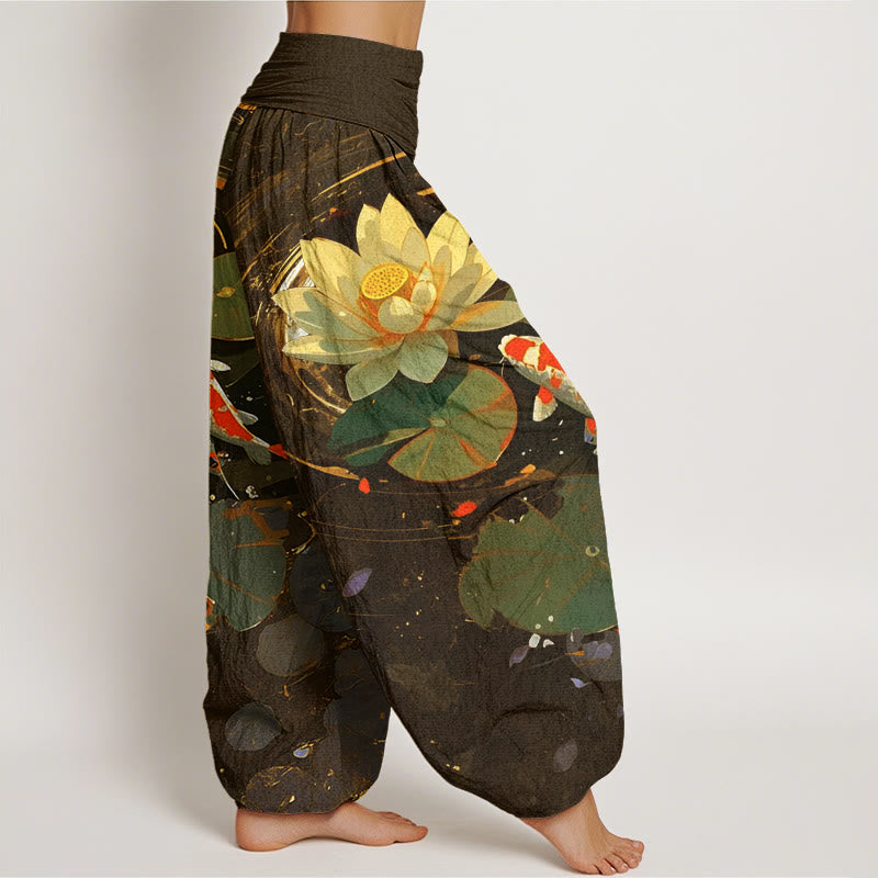 Spodnie haremowe damskie z elastyczną talią i wzorem w kwiaty "Buddha Stones" w stylu casual, letni, z motywem lotosu i rybki koi - image 9