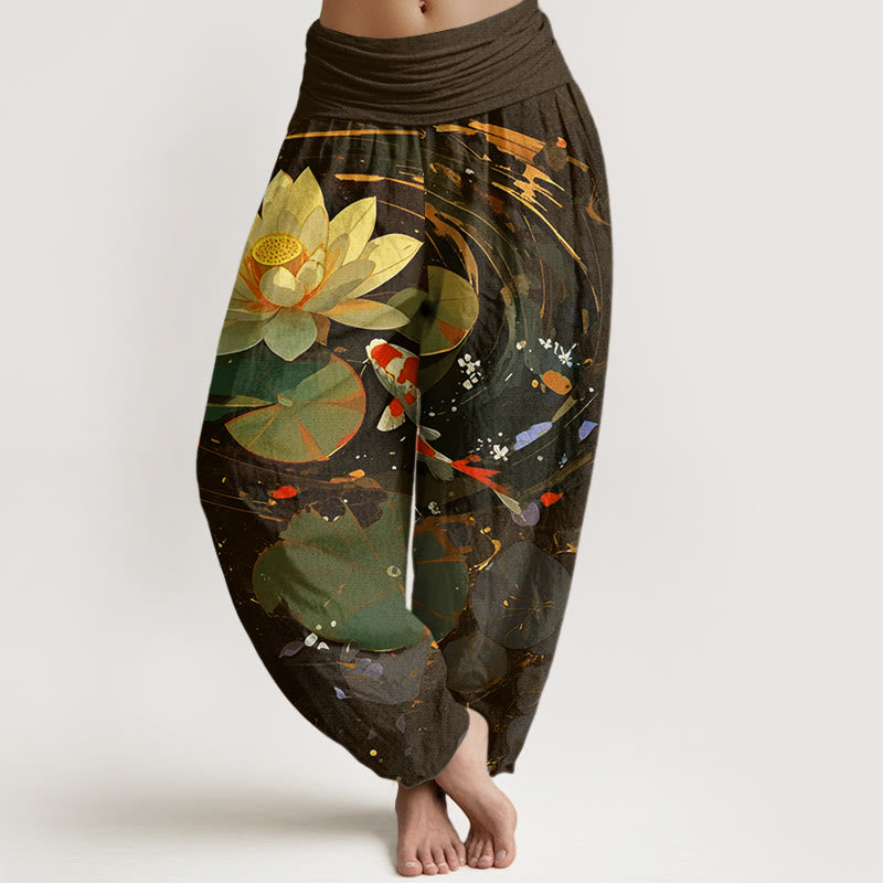 Spodnie haremowe damskie z elastyczną talią i wzorem w kwiaty "Buddha Stones" w stylu casual, letni, z motywem lotosu i rybki koi - SaddleBrown - US22, UK/AU26, EU54 (6XL) - image 8