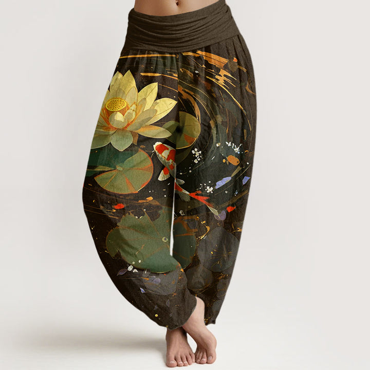 Spodnie haremowe damskie z elastyczną talią i wzorem w kwiaty "Buddha Stones" w stylu casual, letni, z motywem lotosu i rybki koi - SaddleBrown - US22, UK/AU26, EU54 (6XL) - image 8