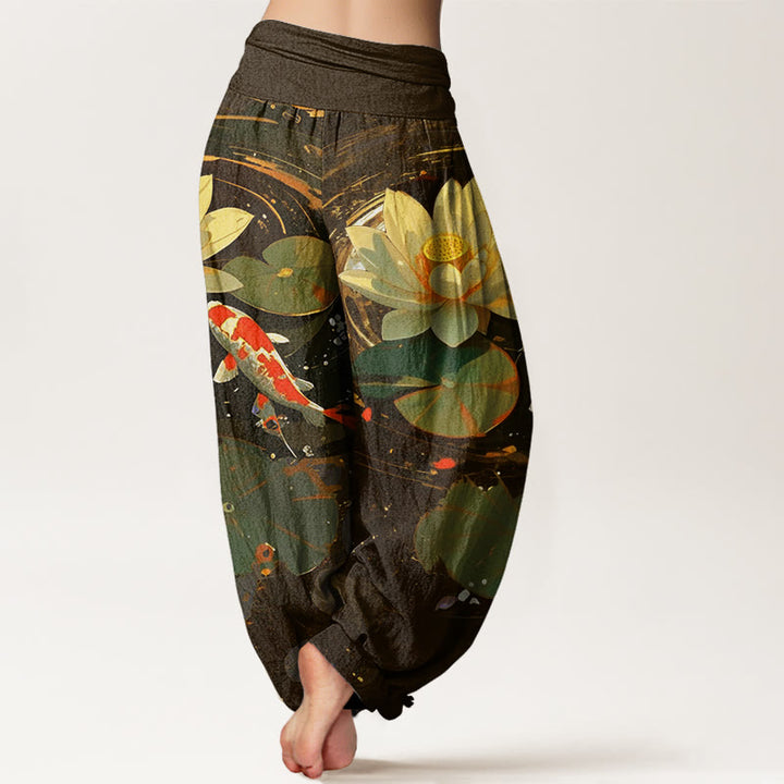 Spodnie haremowe damskie z elastyczną talią i wzorem w kwiaty "Buddha Stones" w stylu casual, letni, z motywem lotosu i rybki koi - image 10