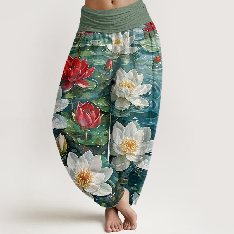 Spodnie haremowe damskie z elastyczną talią i bawełnianą podszewką w kwiaty lotosu w kolorze czerwonym i Buddha Stones - ForestGreen - US22, UK/AU26, EU54 (6XL) - image 0