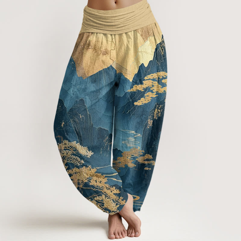 Spodnie haremowe damskie z elastyczną talią i wzorem w Buddha Stones, góry i gałęzie drzew - Stalowoniebieski - US22, UK/AU26, EU54 (6XL) - image 1