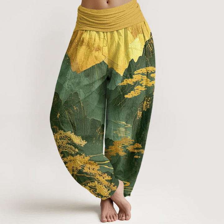 Spodnie haremowe damskie z elastyczną talią i wzorem w Buddha Stones, góry i gałęzie drzew - Zielony - US22, UK/AU26, EU54 (6XL) - image 5
